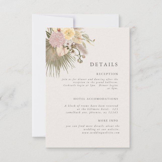 Boho Wedding Pampas Grass Palm Info Invitation (Front)