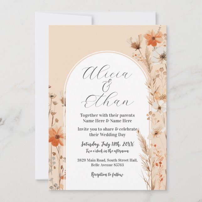 Boho Wedding Peach Florals Flowers Invitation (Front)