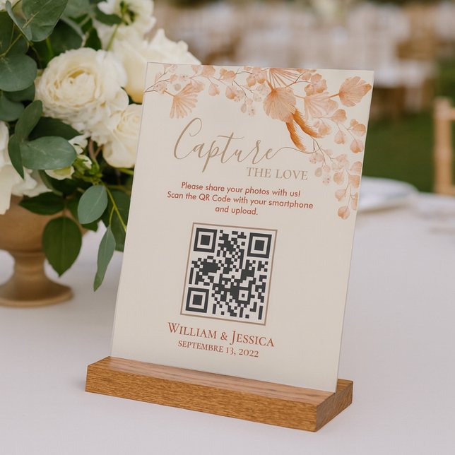 Boho Wedding Photo Sharing Pampas Grass QR Code Acrylic Sign (Creator Uploaded)