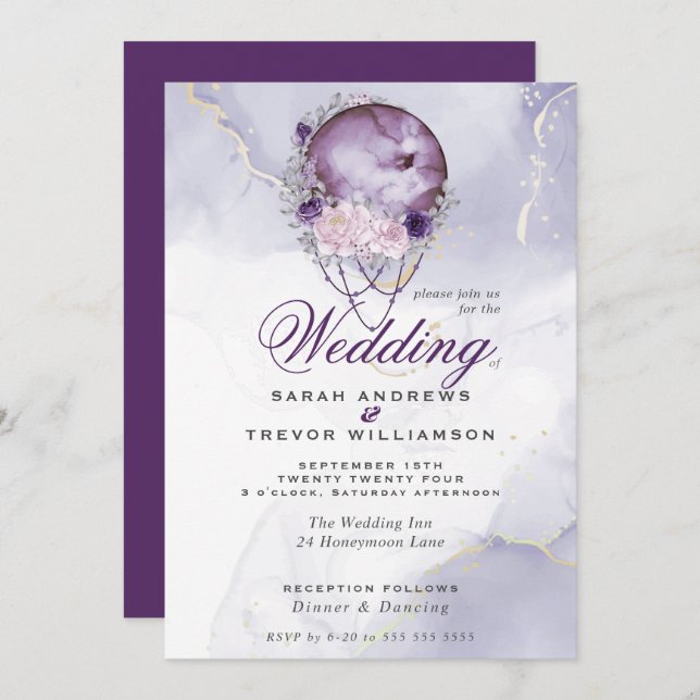 Boho Wedding Plum Purple Full Moon  Invitation (Front/Back)