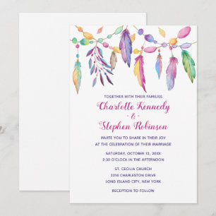 Boho Wedding Purple Feather Native American Indian Invitation