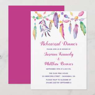 Boho Wedding Rehearsal Dinner Feathers Purple Invitation