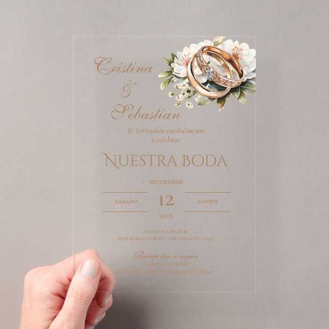 Boho wedding rings in Spanish Acrylic Invitations (Insitu (Handheld))