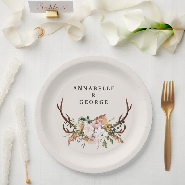 Boho Wedding Rustic Antler Floral Wedding Monogram Paper Plate (Wedding)