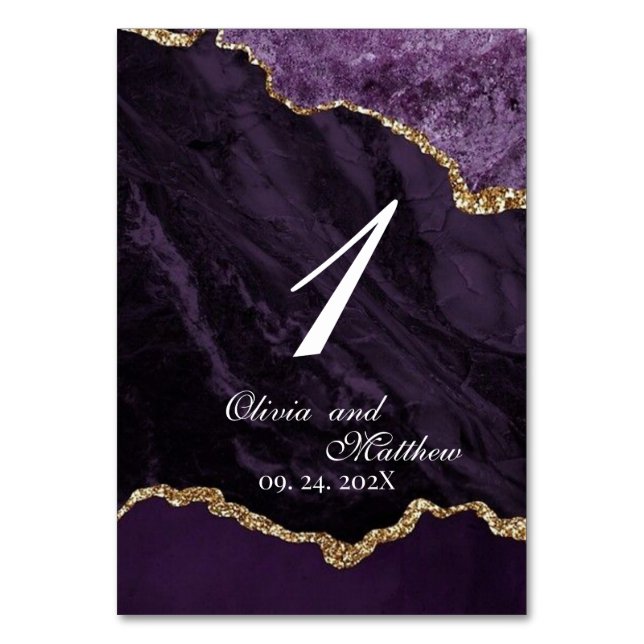 Boho Wedding Scrip Agate Purple and Gold  Table Number (Front)