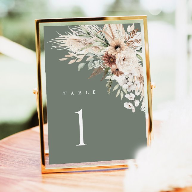 Boho Wedding Table Numbers, Pampas Grass Floral  (Sage Green Boho Wedding Table Number Card, Pampas Grass Floral Reception Gold Decor Table Numbers)