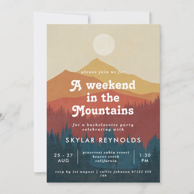 Boho Weekend in the Mountains Retro Bachelorette Invitation (Front)