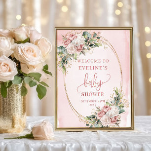 Boho Welcome Blush Pink Flowers Baby Shower Sign