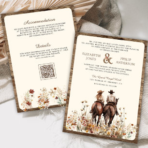 Boho Western Couple Riding Horse QR Code Wedding Invitation