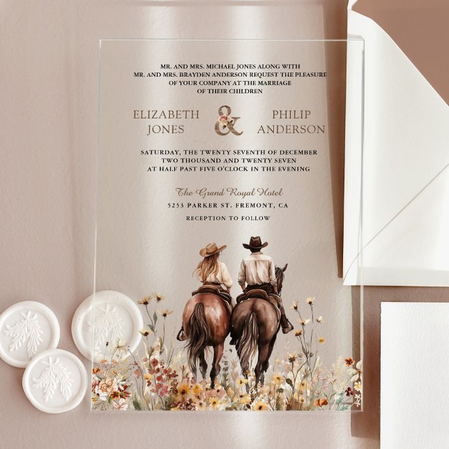 Boho Western Couple Riding Horse Wedding Acrylic Invitations (Creator Uploaded)