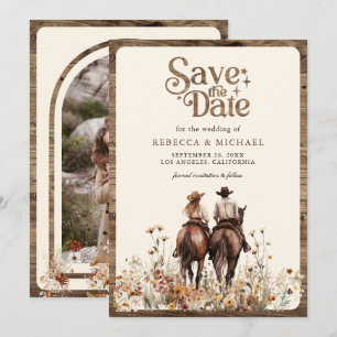 Boho Western Couple Riding Horse Wedding Photo Save The Date