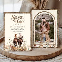 Boho Western Couple Riding Horse Wedding Photo