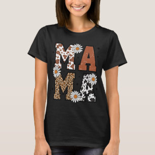Boho Western Cow Print Leopard Daisy MAMA Design T-Shirt