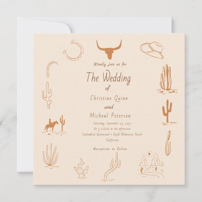 Boho Western Cowboy Illustration Wedding Invitation (Front)