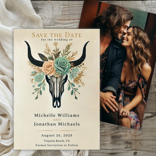 Boho Western Floral Bull Cow Skull Wedding Photo Save The Date (Boho Floral Bull Cow Skull Wedding Photo Save The Date)