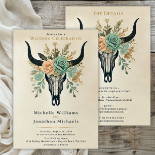 Boho Western Floral Cow Skull All in One Wedding Invitation