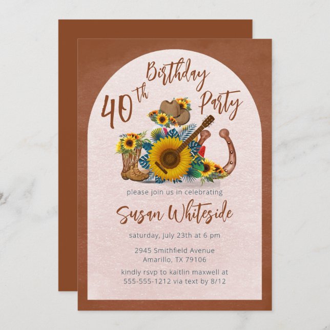 Boho Western Guitar Sunflowers 40th Birthday Party Invitation (Front/Back)