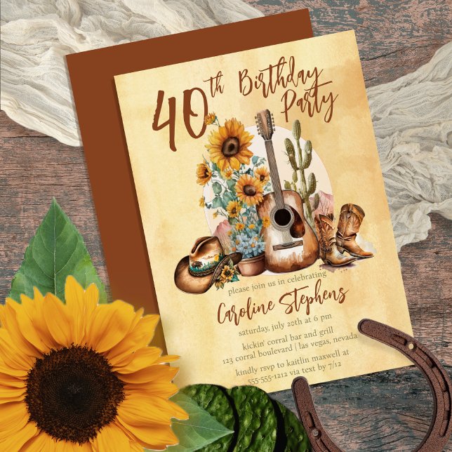 Boho Western Guitar Sunflowers 40th Birthday Party Invitation (Make her Birthday Party unique with this Boho Rustic Western-themed Guitar & Sunflowers design!)