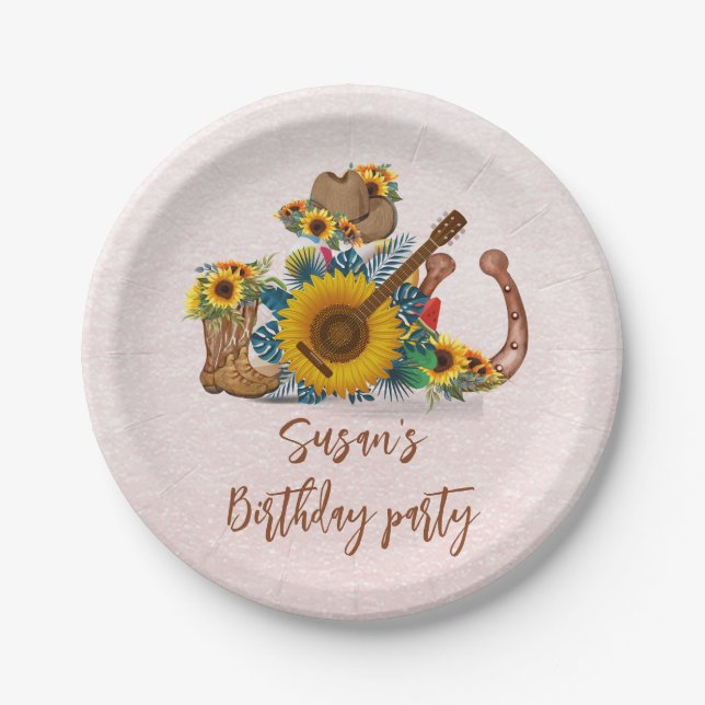 Boho Western Guitar Sunflowers Birthday Party Paper Plate (Front)