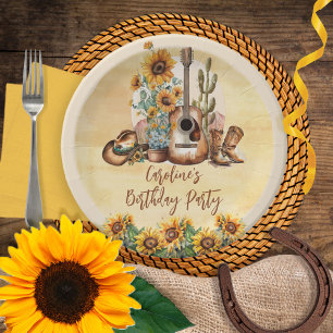 Boho Western Guitar Sunflowers Birthday Party Paper Plate