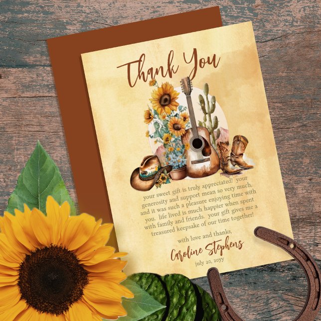 Boho Western Guitar Sunflowers Thank You (Add your message of thanks on the bottom front or if you have more to say, the back is blank.)