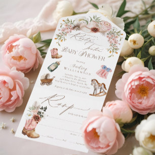 Boho Western Watercolor Little Cowgirl Baby Shower All In One Invitation