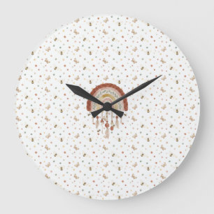 Boho Whimsical Bee & Earthy Rainbow Nursery Round Large Clock