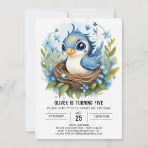 Boho Whimsical Blue Bird Birthday Invitation