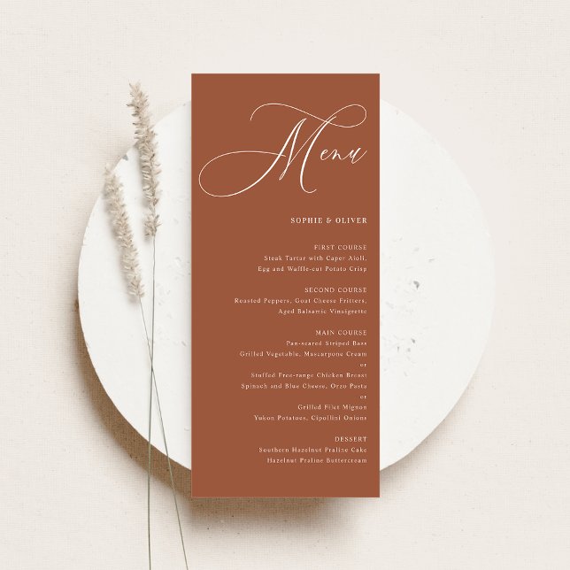 Boho Whimsical Calligraphy Terracotta Wedding Menu (Customizable wedding menu card featuring whimsical calligraphy and terracotta background.)