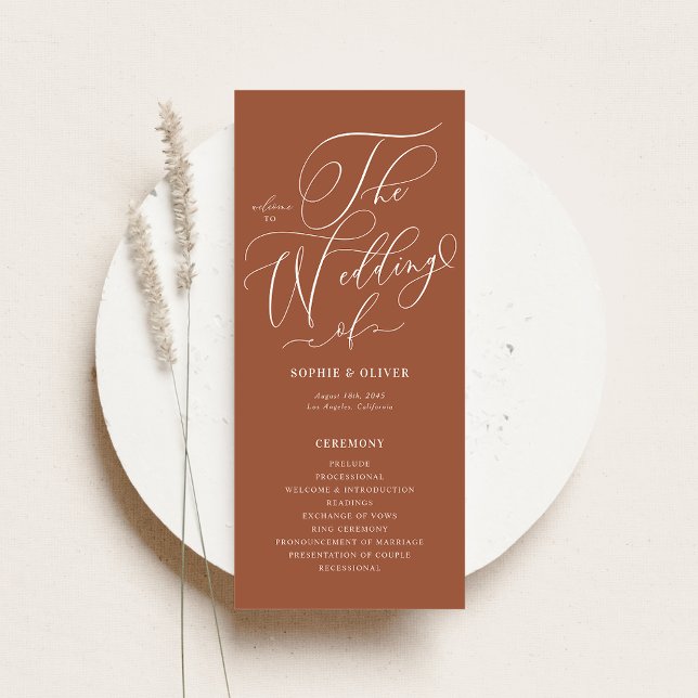Boho Whimsical Calligraphy Terracotta Wedding Program (Customizable wedding programs featuring whimsical calligraphy and terracotta background.)