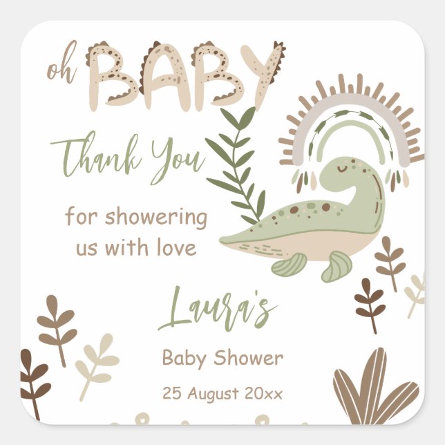 Boho whimsical dinosaur oh baby baby shower square sticker (Front)