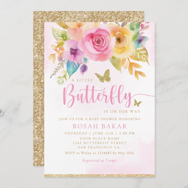 Boho Whimsical Floral Butterfly Girl Baby Shower  Invitation (Front/Back)