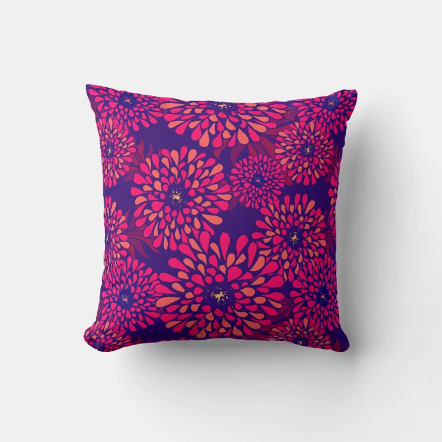 Boho Whimsical Floral Pattern Navy Fuchsia Cushion (Front)