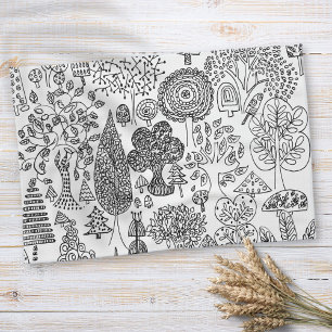 Boho Whimsical Trees Black and White Pattern Tea Towel