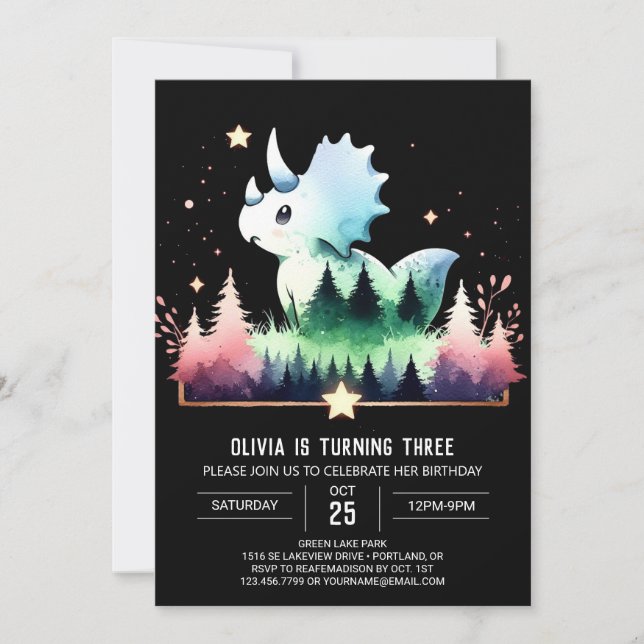 Boho Whimsical Triceratops Birthday Invitation (Front)