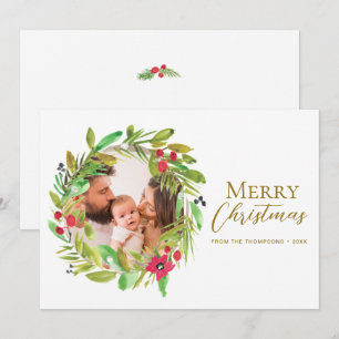 Boho Whimsical Wreath Merry Christmas Family Photo Holiday Card