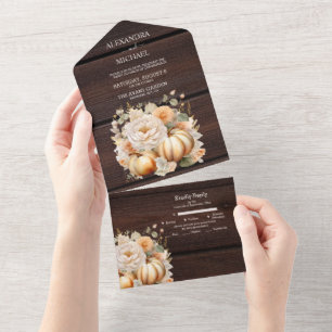 Boho White and Gold Glitter Pumpkins Wedding All In One Invitation