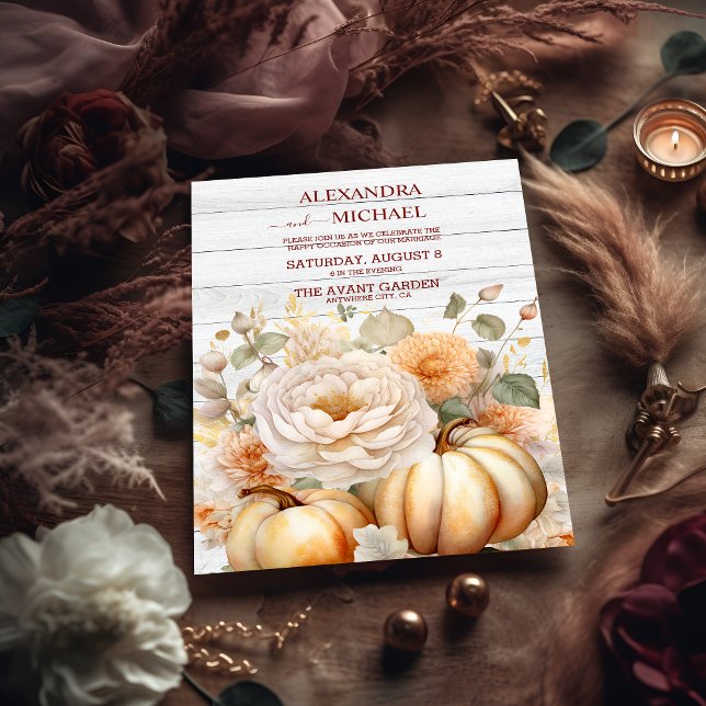 Boho White and Gold Glitter Pumpkins Wedding Invitation (Creator Uploaded)