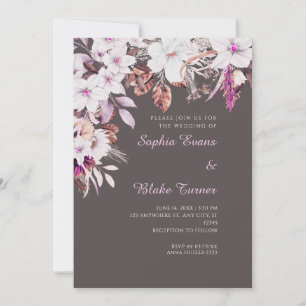 Boho White and Pink Floral Autumn Ash Grey Wedding Invitation