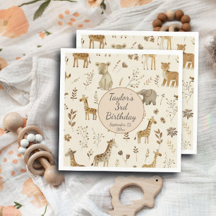 Boho White Beige Jungle Animals Birthday Napkin