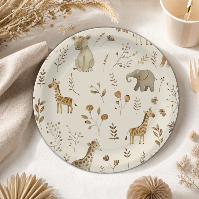 Boho White Beige Jungle Animals  Paper Plate (Creator Uploaded)