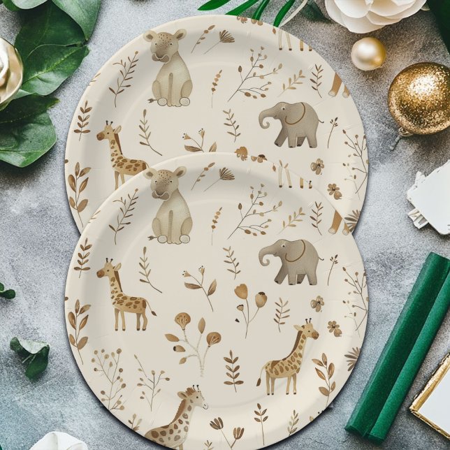 Boho White Beige Jungle Animals  Paper Plate (Creator Uploaded)