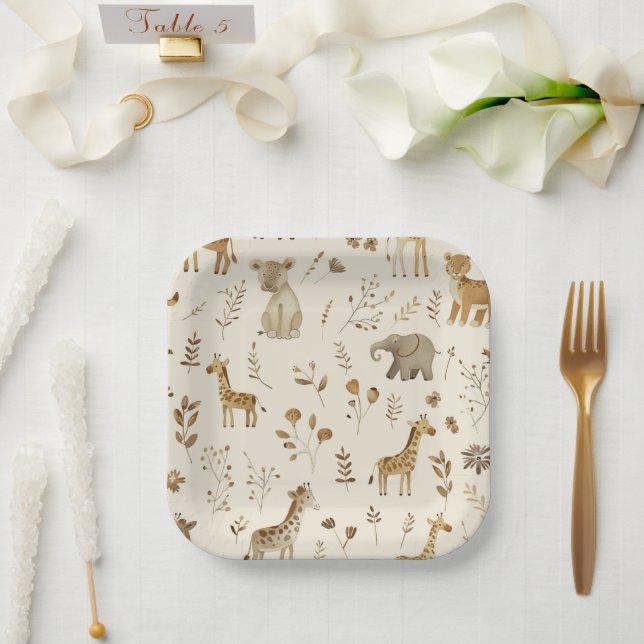 Boho White Beige Jungle Animals  Paper Plate (Wedding)