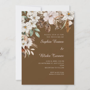 Boho White Floral Autumn Dark Brown Wedding Invitation