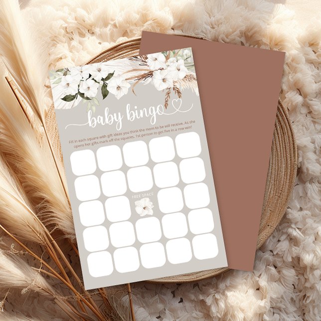 Boho White Floral Baby Shower Bingo Game Card (Boho Baby Bingo)