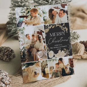 Boho White Floral Dark Photo Christmas  Holiday Card