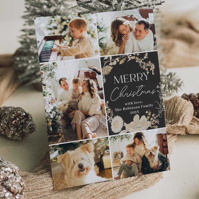 Boho White Floral Dark Photo Christmas  Holiday Card (Creator Uploaded)