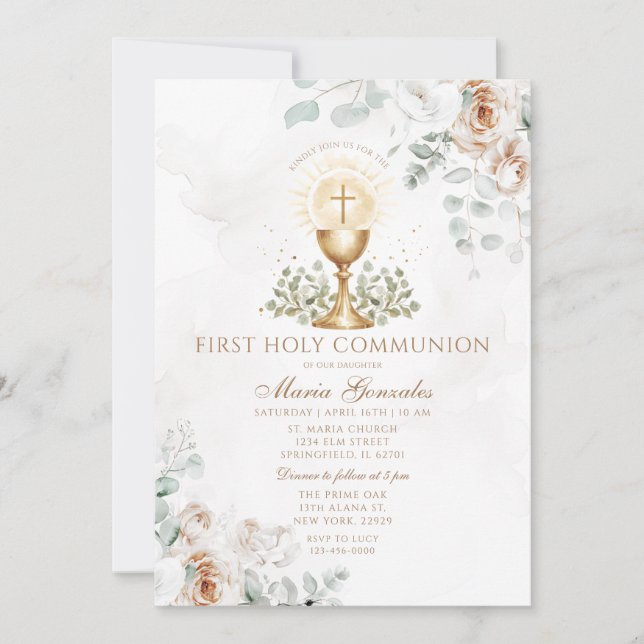 Boho White Floral Eucharist First Holy Communion Invitation (Front)