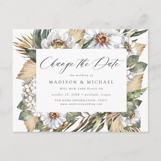 Boho White Floral & Greenery Change the Date Announcement Postcard (Front)