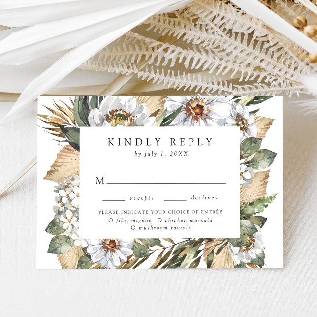 Boho White Floral & Greenery RSVP with Meal Choice Card (Creator Uploaded)